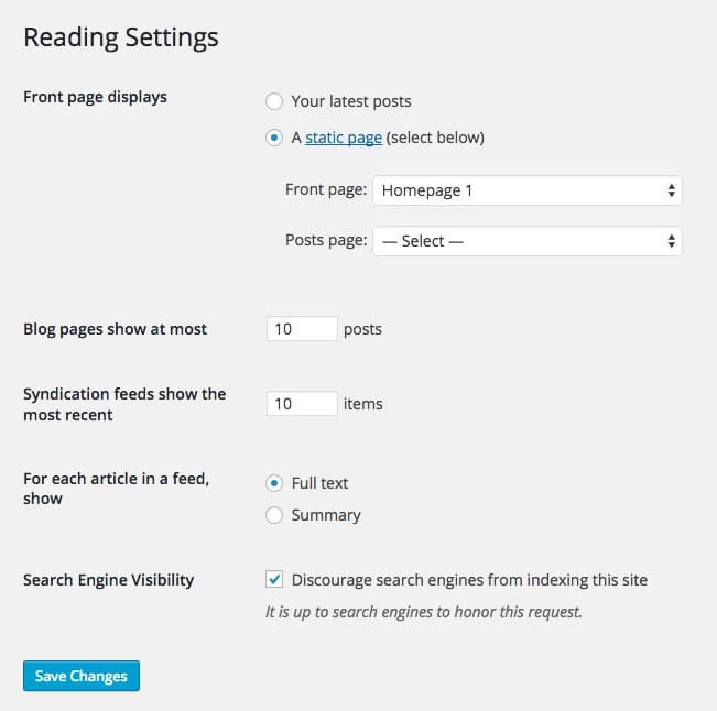 Set up Homepage Settings Reading