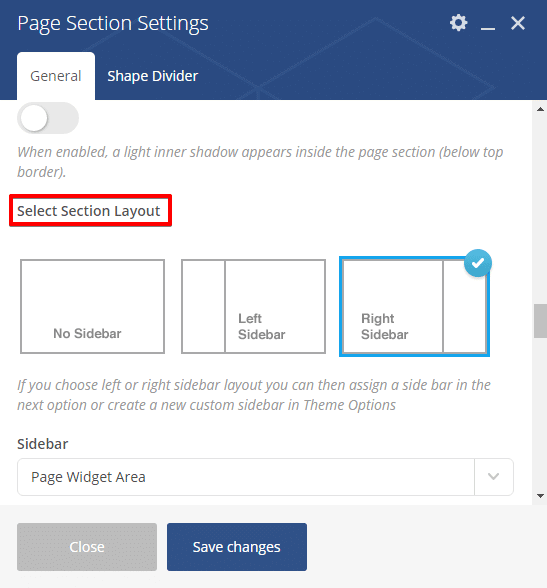 Adding a sidebar - page section settings