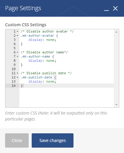 Inserting custom css codes - page settings custom css code
