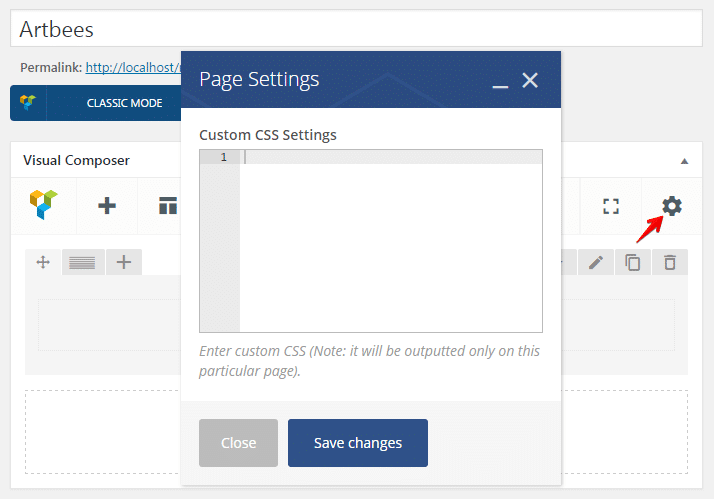 Inserting custom css codes - page settings