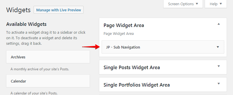 Sub navigation widget - widgets area