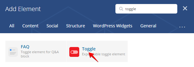 Toggle Shortcode - add element