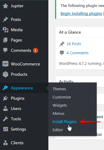 Installing plugins and add-ons - appearance menu