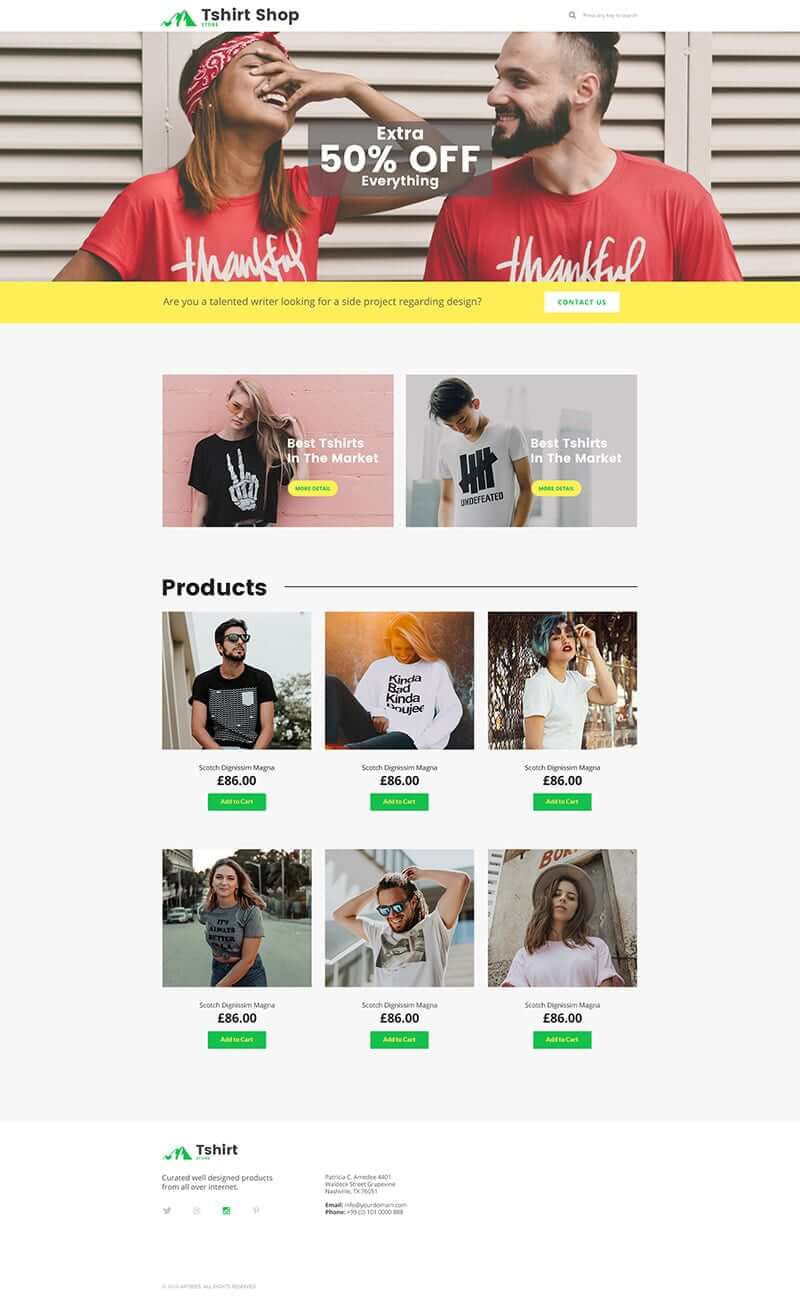 Free T-shirt Shop PSD Webpage Template Full Page