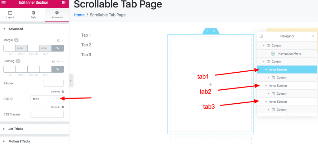 Scrollable Tab Screenshot 5 - Add a different ID to each inner section equivalent to each anchor link hashtag