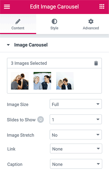 Elements for a wedding website- Image Carousel setting
