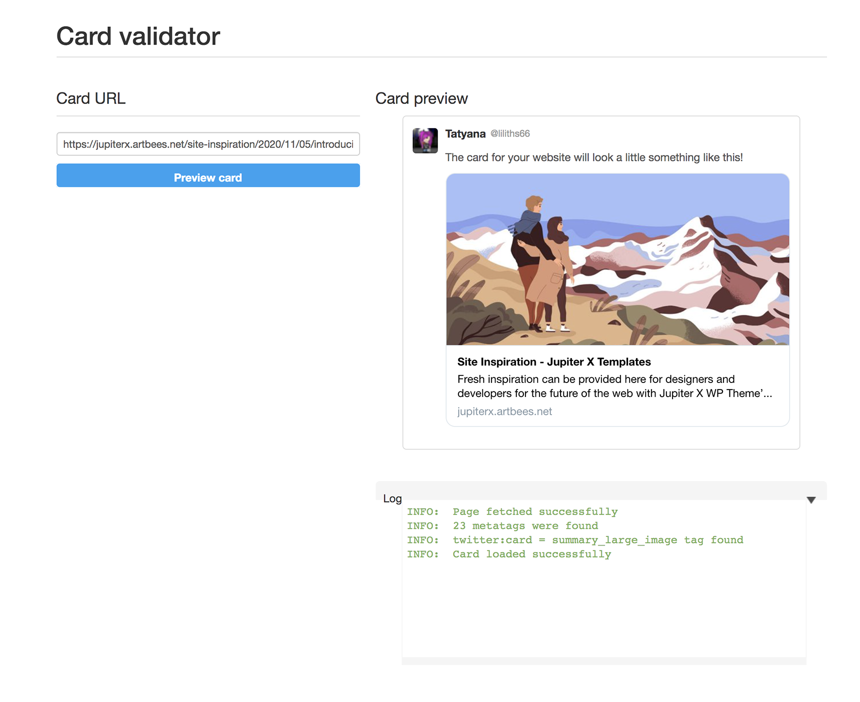 WordPress Link Previews - twitter card validator